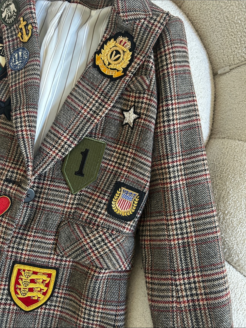 Veronica Beard Plaid Patchwork Blazer with Embroidered Crest Patches - Picture 3 of 4